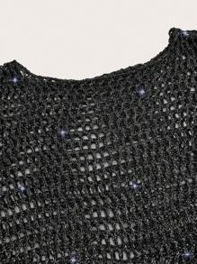 SHEIN ICON Plus Hollow Out Crop Sweater Without Bra - Black - View 5