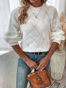 SHEIN Essnce Chất rắn Thả vai Dệt kim chấm bi Áo len - trắng - Xem 5