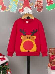SHEIN 小男孩聖誕麋鹿印花運動衫 - 紅色 - 查看 1