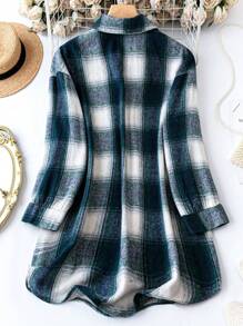 SHEIN LUNE Plus Plaid Print Drop Shoulder Flap Pocket Coat - Blue - View 2