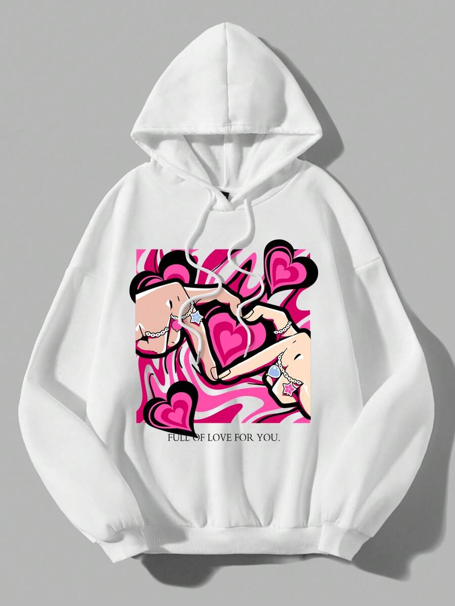 SHEIN EZwear Heart & Slogan Graphic Drawstring Hoodie - White - View 1