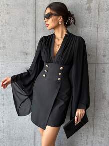 SHEIN Privé Plunging Neck Button Detail Flounce Sleeve Dress - Black - View 2