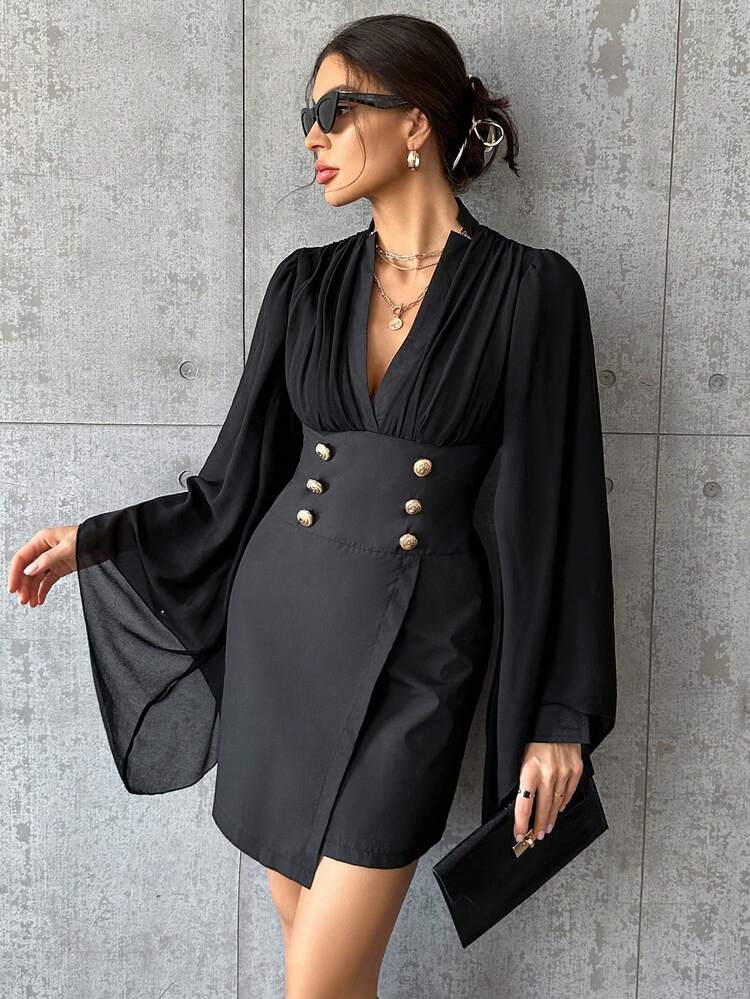 Plunging Neck Button Detail Flounce Sleeve Dress