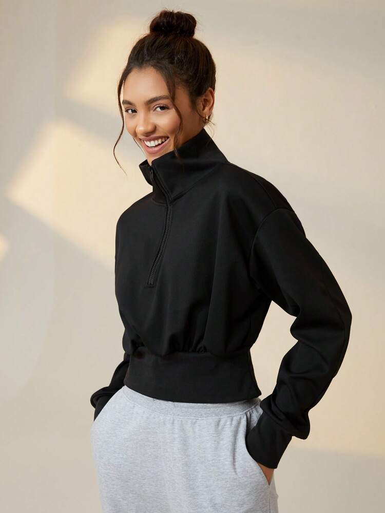 Half Zip Drop Shoulder Crop Sports Sweatshirt