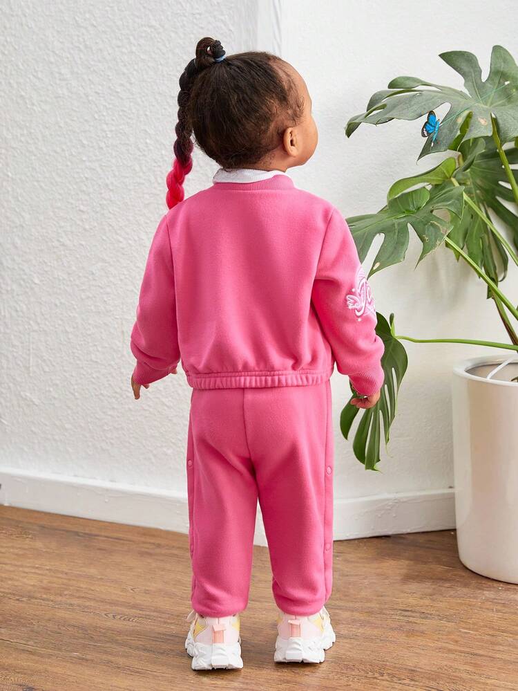Baby Girl Letter Graphic Flap Detail Bomber Jacket & Sweatpants