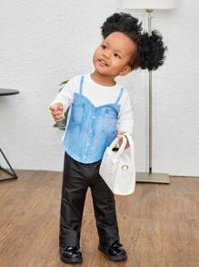 SHEIN Baby Girl 1pc Button Front Tee - Blue - View 5