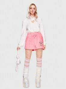 ROMWE Kawaii Cartoon Graphic Drawstring Waist Flannel Shorts - Pink - View 2