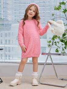 SHEIN Young Girl Solid Fuzzy Sweater Dress - Pink - View 6