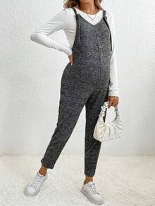 SHEIN Maternity Marled Knit Overalls Without Tee - Dark Grey - View 5