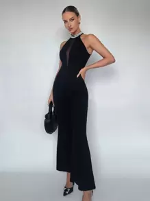Maija Contrast Mesh Halter Neck Flare Leg Jumpsuit - Black - View 3