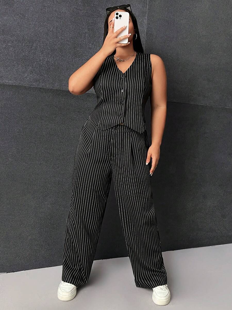SHEIN EZwear Áo vest kẻ sọc và quần dài cho lễ tốt nghiệp, trở lại trường, trang phục giáo viên dành cho phụ nữ vào mùa thu/đông - Đen và trắng - Xem 1