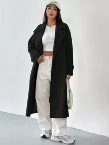 SHEIN EZwear Lapel Neck Drop Shoulder Belted Overcoat In Fall/Winter - Black - View 4