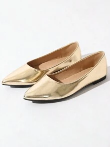 金屬質感尖頭平底鞋在簡約風格 - 金色 - 查看 5