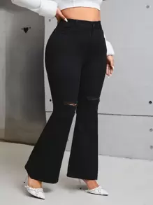 SHEIN ICON Plus High Waist Ripped Flare Leg Jeans - Black - View 4