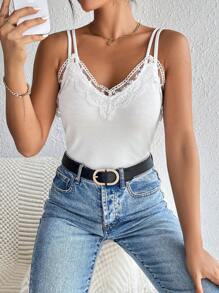 SHEIN Frenchy 拼接蕾絲邊吊帶上衣 - 白色 - 查看 1