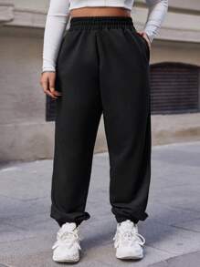 RueChic Plus Solid Elastic Waist Sweatpants - Black - View 1