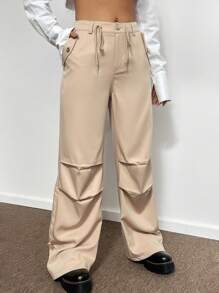 SHEIN EZwear 腰部抽繩闊腿褲 - 卡其色 - 查看 1