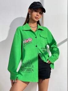 SHEIN Unity 標語圖案翻蓋口袋落肩袖外套 - 綠色 - 查看 6
