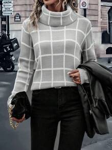 SHEIN LUNE 格紋圖案高領落肩袖套頭毛衣 - 灰色 - 查看 1