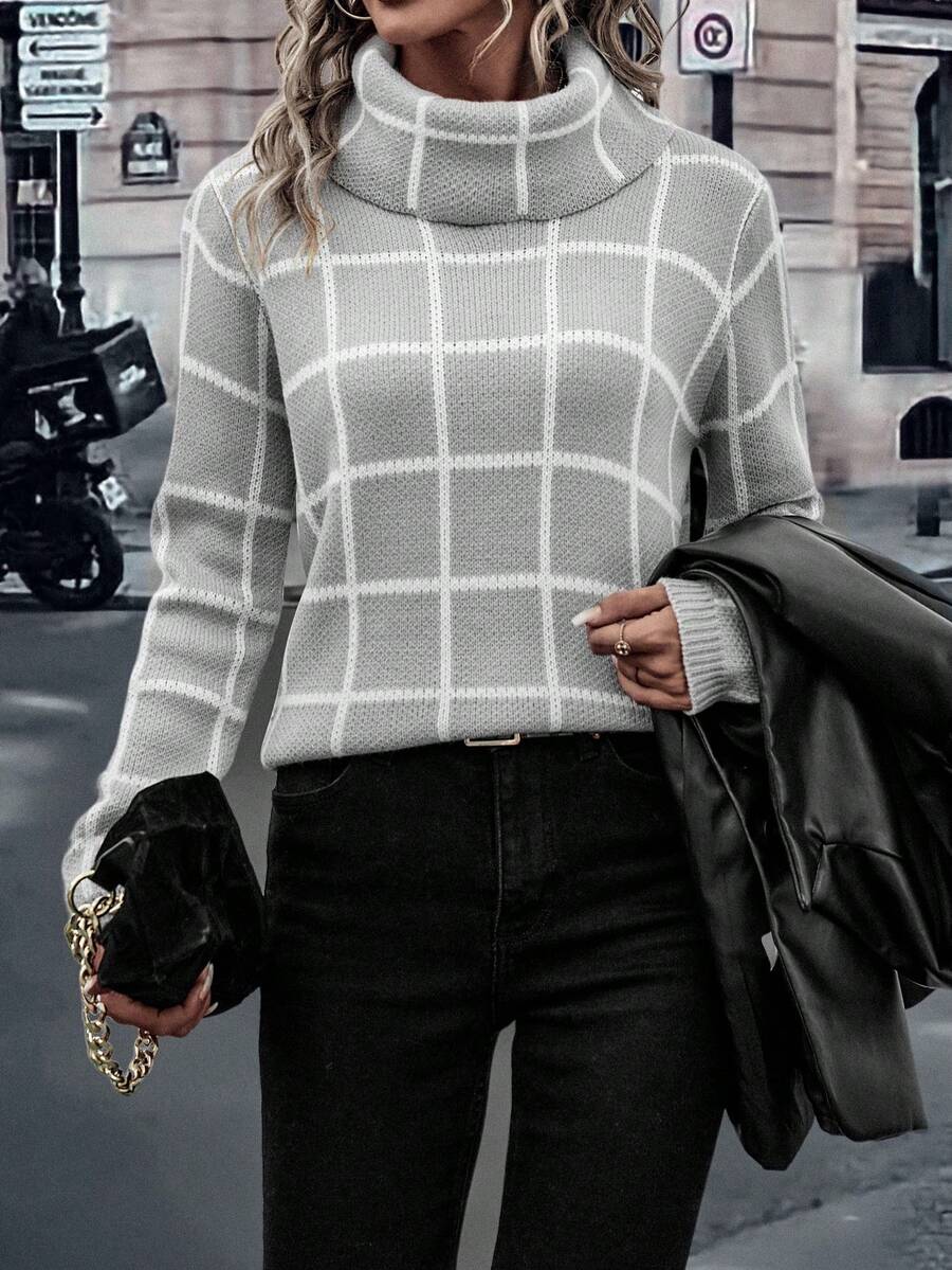 SHEIN LUNE 格紋圖案高領落肩袖套頭毛衣 - 灰色 - 查看 1