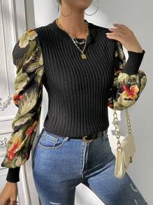 SHEIN Clasi Pull à côtes avec motif floral, pour l'automne et l'hiver - Noir - Voir 1