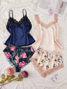 4pcs Floral Print Lace Trim Satin PJ Set - Multicolor - View 1
