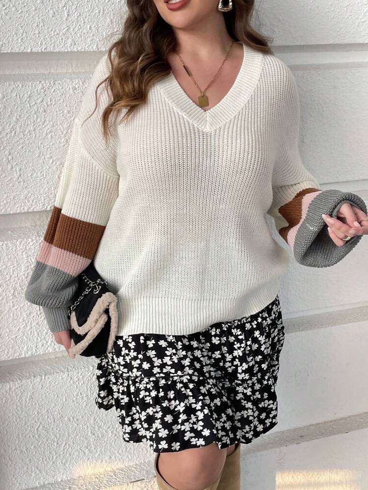 Plus Colorblock Drop Shoulder Sweater Knit Pullover Fall Winter Sweater