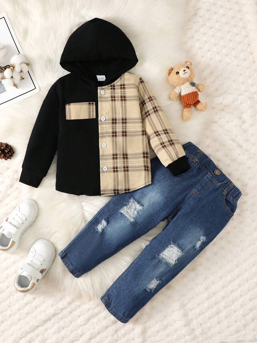 Young Boy Plaid Print Hooded Shirt & Ripped Frayed Jeans - Black - View 1