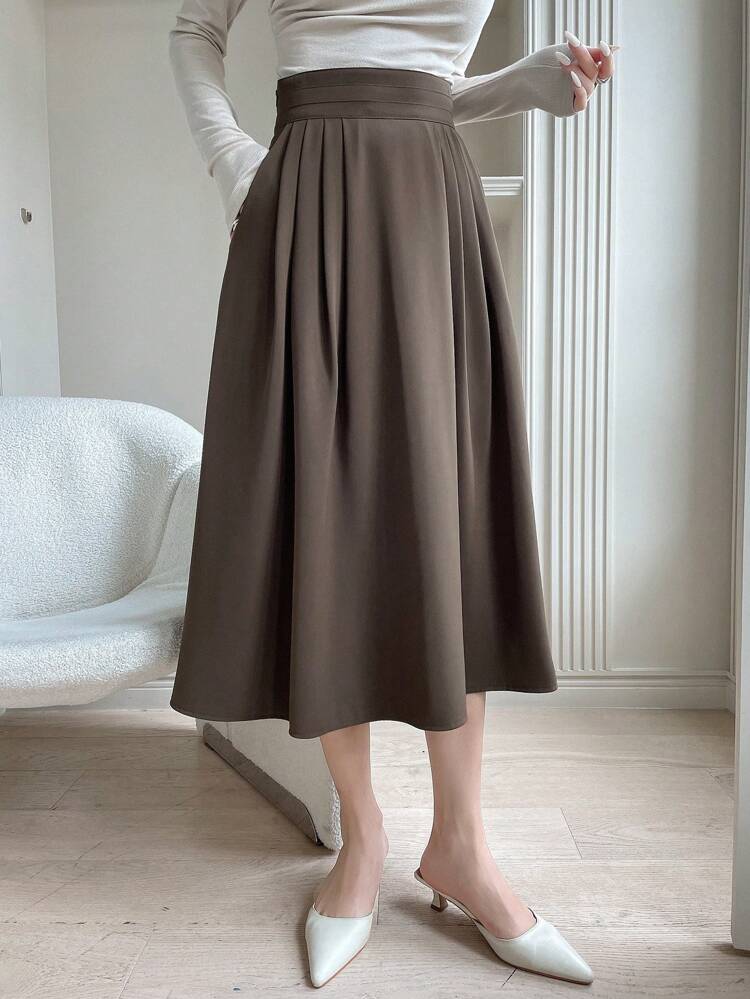 High Waist Fold Pleated Detail Flare Skirt