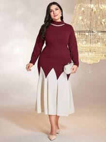 Modelyn 勃艮第红色加双色珍珠串珠高领连衣裙 - 酒紅色 - 查看 4