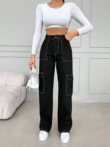 RueChic High Waist Top-stitching Flap Pocket Side Cargo Jeans - Black - View 3