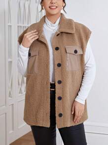 SHEIN Essnce Hơn Túi có nắp Teddy Áo vest - Màu Khaki - Xem 3