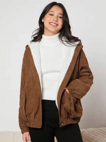 青少年女孩補丁口袋毛絨內襯連帽燈芯絨夾克 - 棕色 - 查看 1