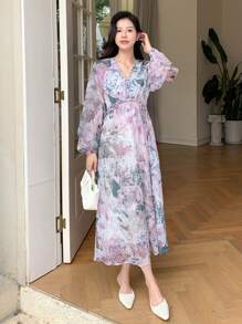 DAZY Floral Print Lantern Sleeve Dress - Mauve Purple - View 3