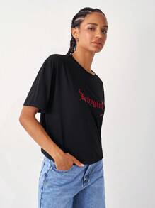 SHEIN Unity Áo thun Lá thư Giải trí - màu đen - Xem 3