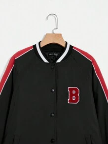 SHEIN EZwear Letter Patched Striped Trim Raglan Sleeve Baseball Collar Padded Coat - Black - View 3