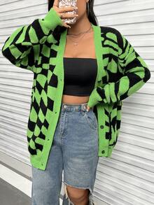 SHEIN Essnce 幾何圖案落肩袖開襟衫 - 綠色 - 查看 3