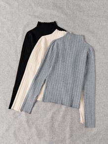 Chiquease 3件套高领罗纹针织荷叶边毛衣，长袖套头针织衫，秋冬毛衣 - 彩色 - 查看 2
