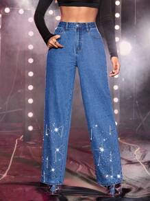 高腰潑墨圖案闊腿牛仔褲 - 中等水洗藍 - 查看 6