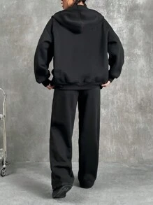 SHEIN Coolane Letter Graphic Drop Shoulder Hoodie & Sweatpants - Black - View 2