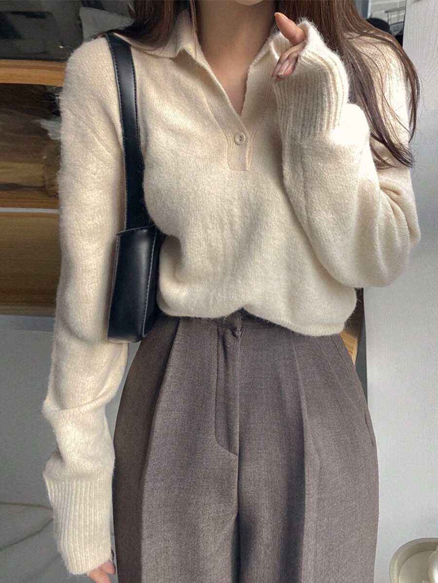 DAZY 纯色落肩毛衣、长袖上衣、秋装 - 杏色 - 查看 1