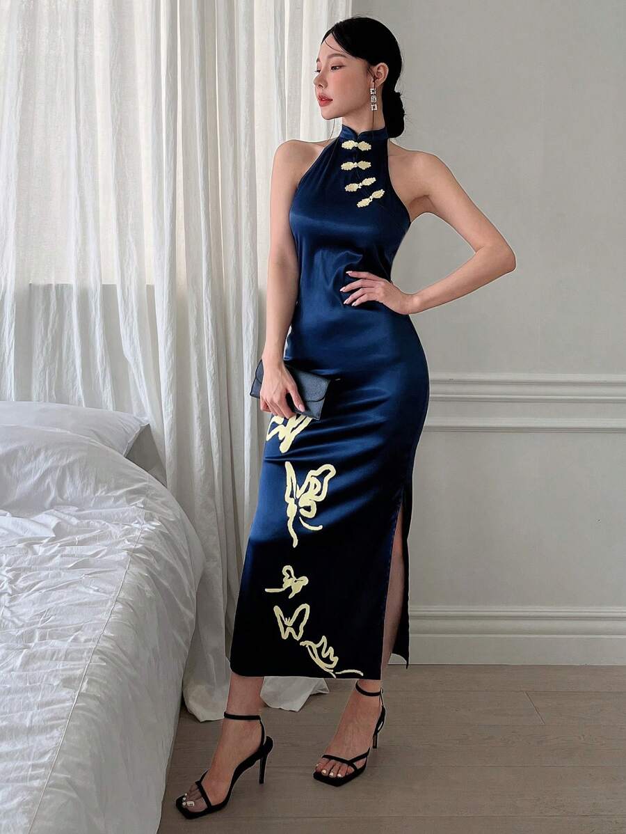 EastFlair Của phụ nữ Thanh lịch Sườn xám Phong cách Loại bướm In Đầm Với Bên Khe - Màu tím - Xem 1