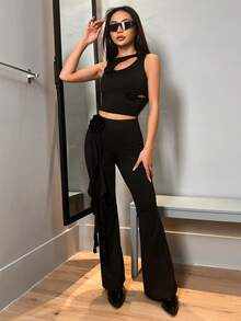 SHEIN Unity Cut Out Tank Top & Flare Leg Pants - Black - View 5