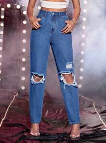 高腰破洞媽媽牛仔褲 - 藍色 - 查看 5