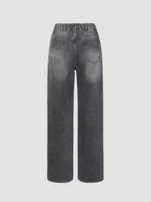 SHEIN 青少年女孩不對稱腰直筒牛仔褲 - 深灰色 - 查看 2