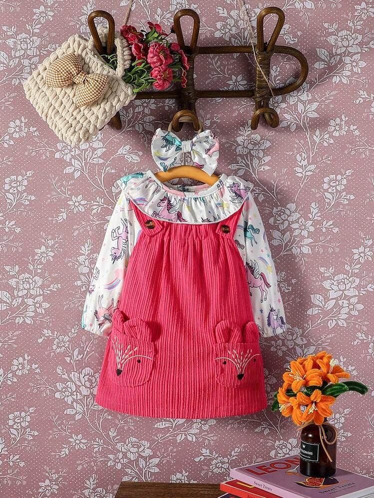 Baby Unicorn Print Ruffle Trim Bodysuit and Pinafore Dress With Headband