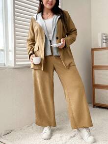 SHEIN Essnce Plus Flap Detail Blazer & Wide Leg Pants - Khaki - View 4