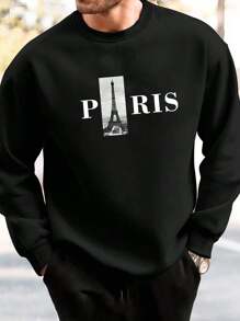 Men Tower & Letter Graphic Sweatshirt - Black - View 1