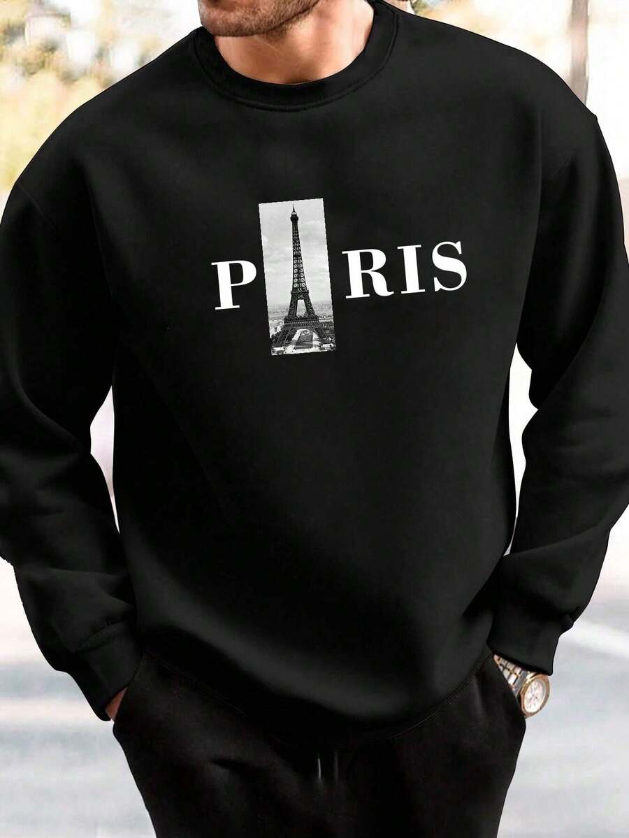 Men Tower & Letter Graphic Sweatshirt - Black - View 1
