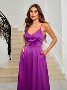 SHEIN Belle Túi ẩn Xa ten Váy Phù dâu Dây - Màu Hồng Tươi - Xem 5